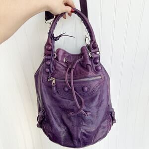 Balenciaga Raisin Giant Brogues Pompon City Purple Distressed Leather Bucket Bag